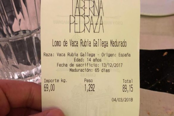 Ticket de la carne de vaca Taberna Pedraza