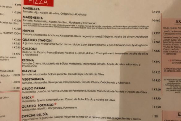 Carta Pizzas Pizzeria Nap Madrid