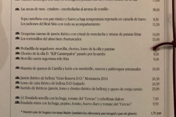 Carta Entrantes Restaurante Jose María Segovia