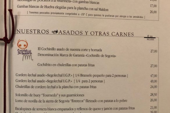 Carta Pescados y Carnes Restaurante Jose María Segovia
