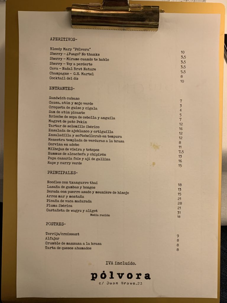 Carta Restaurante Pólvora