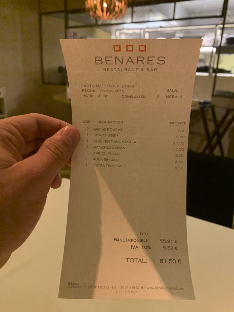 Ticket Cuenta Restaurante Benares