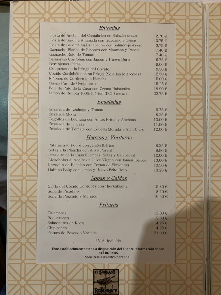 Carta Entrantes Restaurante El Churrasco Córdoba