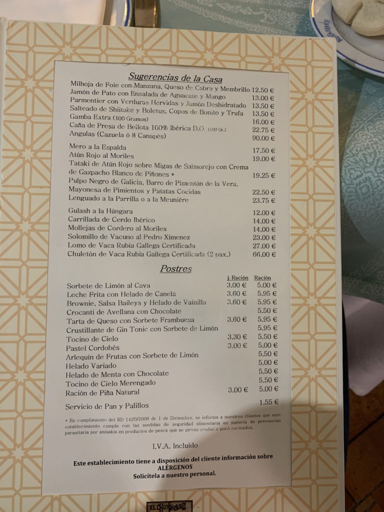 Carta Postres Restaurante El Churrasco Córdoba