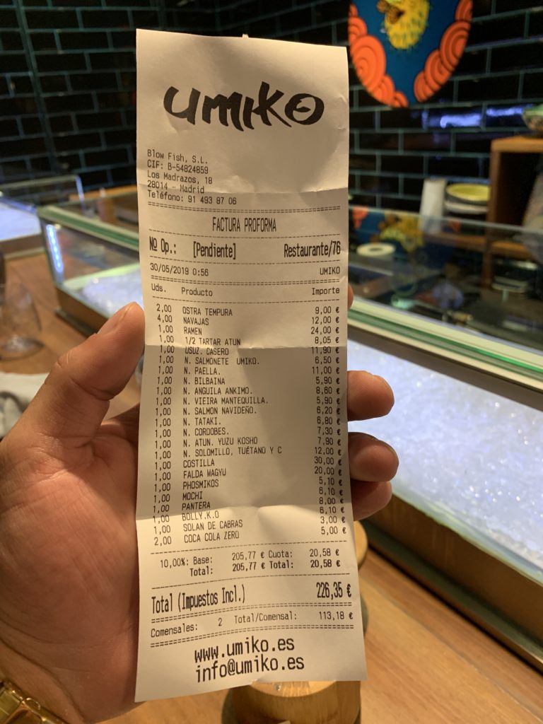 Ticket Cuenta Restaurante Umiko