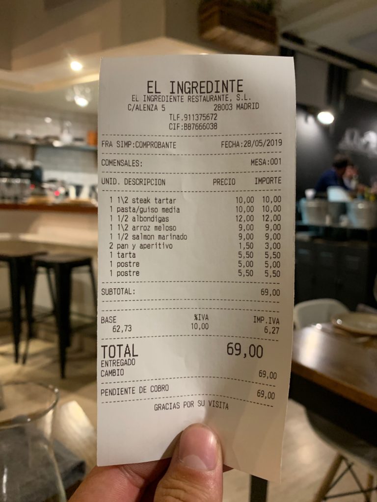 Ticket Cuenta Restaurante El Ingrediente