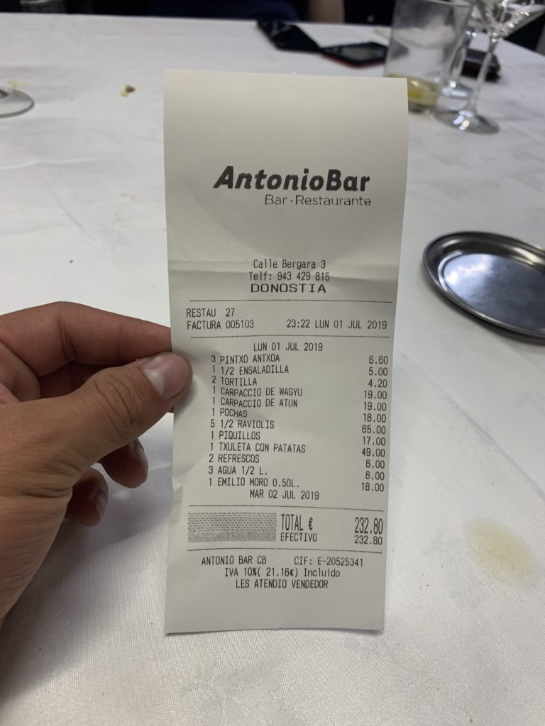 Ticket Cuenta Antonio Bar San Sebastián