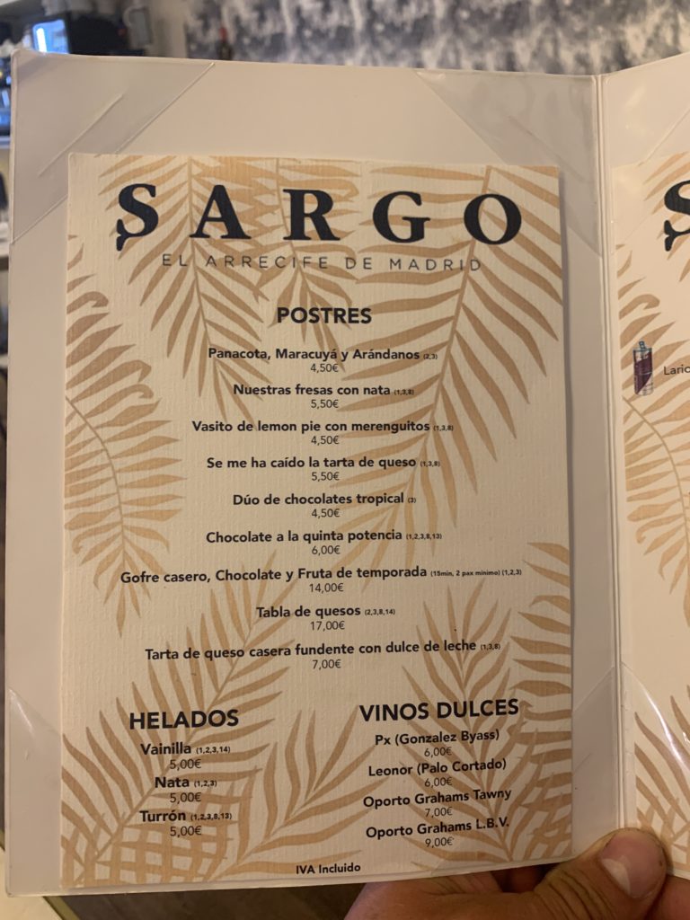 Carta Postres Restaurante Sargo