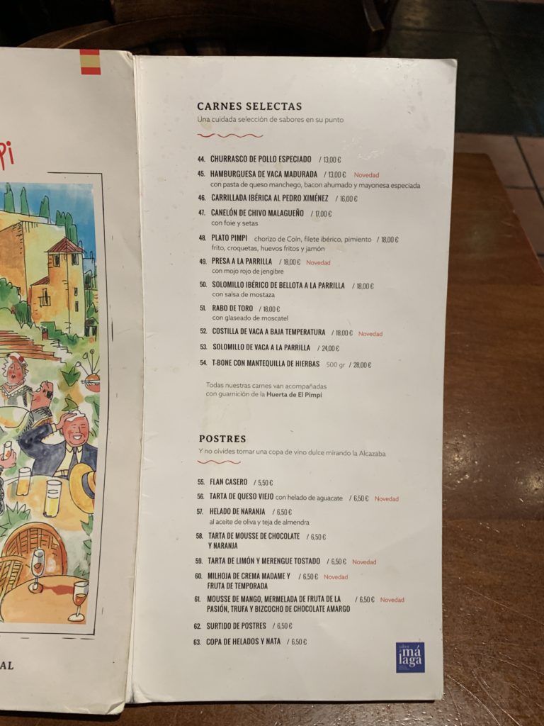 Carta Restaurante El Pimpi